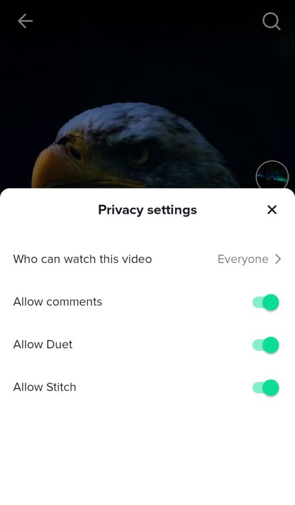 Privacy settings of posted video