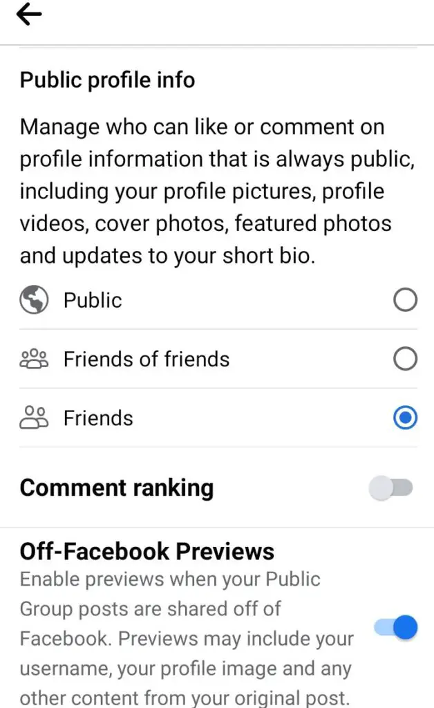 public profile info option