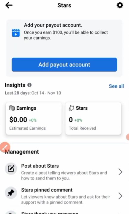 Facebook stars payout settings