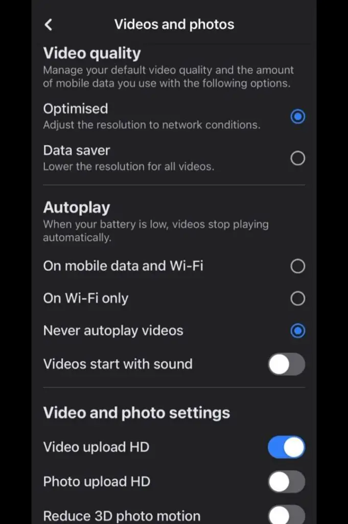 settings for watching reels on Facebook in High quality