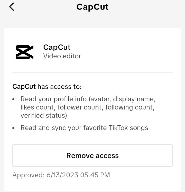Manage apps option in tiktok to remove capcut access